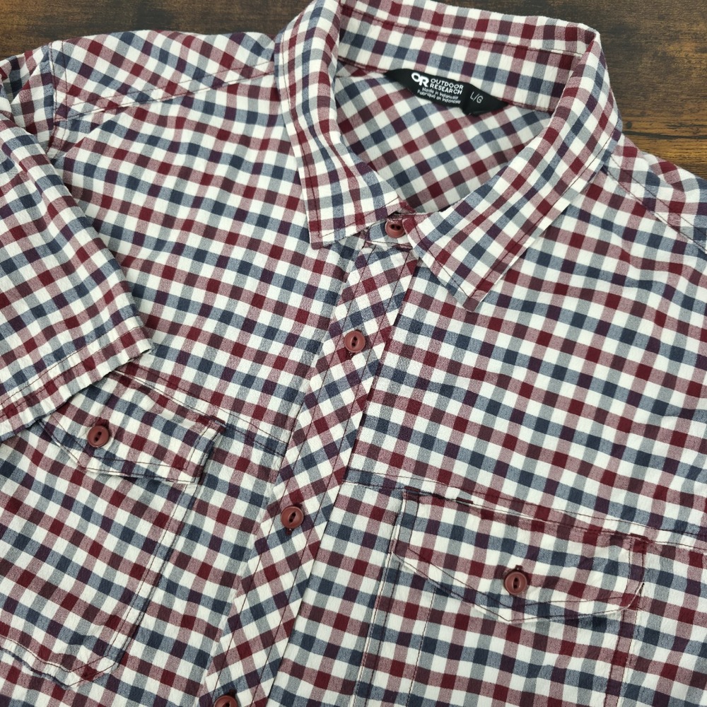 Outdoor Research Men Shirt Large Wanderer Short Sleeve Check Nylon Blend Button